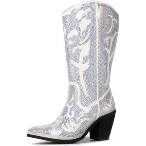 Women's White Sequin Mid Calf Tall Zipper Pointed Toe Embroidered Cowgirl Boots